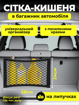 Сетка карман в багажник автомобиля 28x24см на липучках JoyPro универсальный эластичный сетчатый органайзер порядка для багажника авто машины микроавтобуса 28 на 24 см с липучками липким креплением к обивке и тканевыми усиленными краями черный