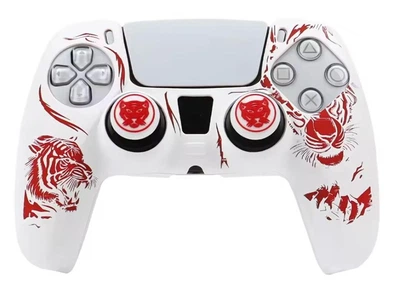 Качественный защитный силиконовый чехол Tiger (White/Red) для геймпада Sony DualSense PS5 + накладки на стики