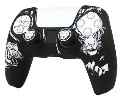 Качественный защитный силиконовый чехол Tiger (Black/White) для геймпада Sony DualSense PS5 + накладки на стики