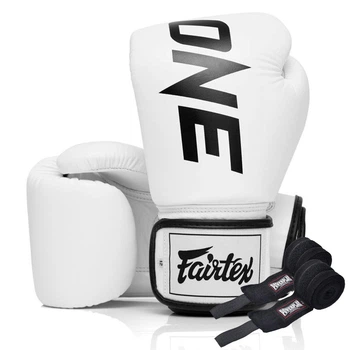 Боксерские перчатки из натуральной кожи с логотипом ONE Championship, 10 унций, белые, бинты в комплекте