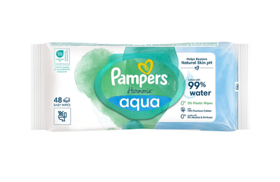 Вологі серветки Pampers з клапаном Aqua 99% Water 48 шт (8006540458563)