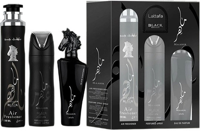 Набір унісекс Lattafa Maahir Black Edition Парфумована вода 100 мл + Парфумований спрей 200 мл + Освіжувач повітря 300 мл (6290362341246)