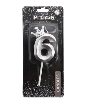 Свечка для торта Цифра 6 серебристая с короной 6 см Pelican (863116)