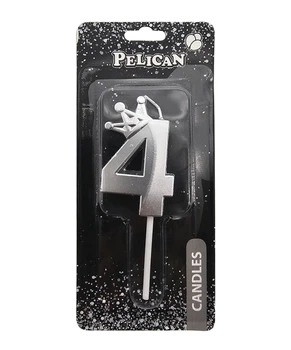 Свечка для торта Цифра 4 серебристая с короной 6 см Pelican (863114)