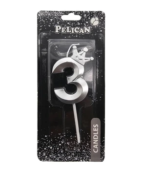 Свічка для торта Цифра 3 серебриста з короною 6 см Pelican (863113)