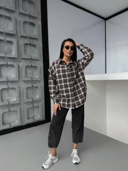 Женская фланелевая рубашка oversize в клетку-трансформер шоколад