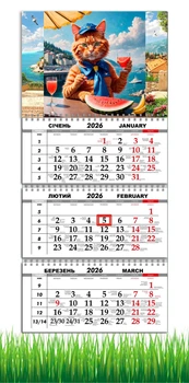Календар настінний квартальний на 2026 рік на три пружини , Apriori , Котик , Рудий Кіт, Крим , Херсонський Кавун, 29,7х61см , 2 вид