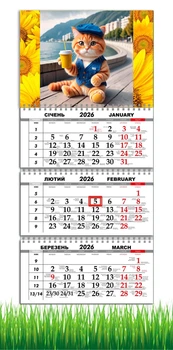 Календар настінний квартальний на 2026 рік на три пружини , Apriori , Котик , Рудий Кіт, Соняшники , 29,7х61см , 2 вид