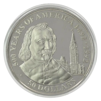 Монета Острова Кука 50 долларов 1990 Серебро Proof 500 лет Открытию Америки - Самюэль де Шамплен