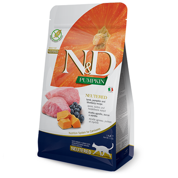 Фармина сухой корм для стерилизованных кошек N&D GRAIN FREE PUMPKIN LAMB & BLUEBERRY NEUTERED ADULT с ягненком, тыквой, 1.5 кг