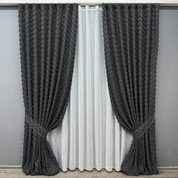 Комплект штор VR-Textil Лен Букле 150х270 2шт и Тюль 400х270 1810ш-115т Графитовый с белым 71-038/3