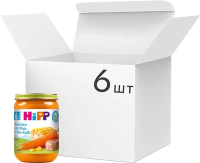 Упаковка овощно-мясного пюре HiPP Органическое Пюре Морковь с Кукурузой и Органической Телятиной с 8 месяцев 190 г х 6 шт (4062300260801)