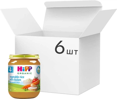 Упаковка овощно-мясного пюре HiPP Органическое Рагу Овощное с Рисом и Курицей с 4 месяцев 125 г х 6 шт (9062300406297)