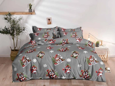 Комплект постільної білизни Королева Ночі Фланель 145х215 Полуторний 70х70 Новорічні пінгвіни, сніговики на сірому 0412Ф-1/2