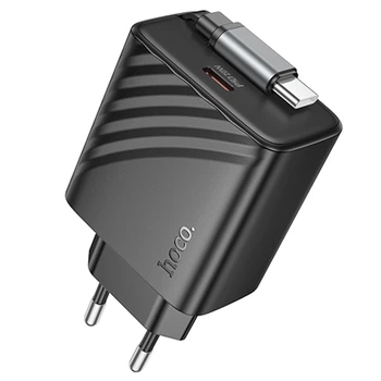 Сетевое зарядное устройство HOCO N57 Full PD20W with retractable cable Type-C (2USB-C) (Black) (231278)