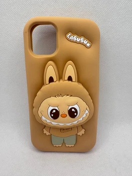 Детский резиновый чехол Labubu для Apple iPhone 11 с подставкой держателем Бежевый