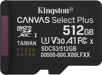 Karta pamięci Kingston Canvas Select Plus Gen3 microSDXC 512GB Class 10 UHS-I U3 V30 A1 (SDCS3/512GBSP)