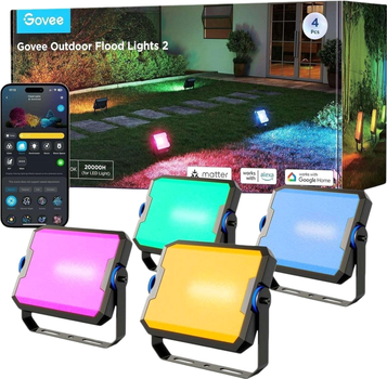 Набір настінних світильників Govee H8057 Outdoor FLood Lights, 4шт, RGBICWW, WI-FI/Bluetooth Чорний (H8057C11)