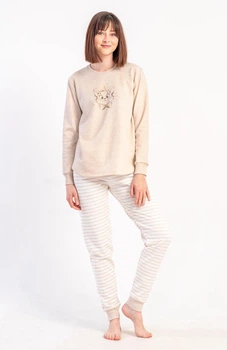 Пижама женская с начесом кошки (лонгслив, штаны) Vienetta L бежевый 501041