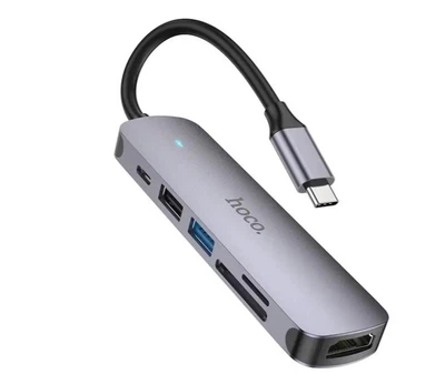 USB hub хаб HOCO HB28 на 6 в 1 Type-C to HDMI+PD+USB3.0+USB2.0+SD+TF серый