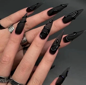 Накладные ногти Nail матовые черные 3d змеи, стилет, длинные, 24 шт