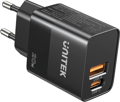 Мережевий зарядний пристрій Unitek USB-A + USB-C 20W Black (P1124ABK01-EU)