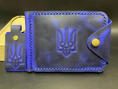 Шкіряний Гаманець Затиск Для Грошей із Натуральної Шкіри Ручної Роботи з Монетницею з Гербом Синій Колір