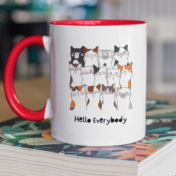 Кружка керамічна з дизайном "Cat Hello" 330 мл для напоїв біла з червоною ручкою на подарунок
