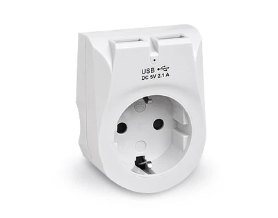 Сітковий зарядний USB-пристрій з розеткою REAL-EL CS-25 (2USB, 2.1A) White