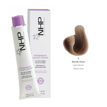 Крем-фарба для волосся з маслами аргани та какао NHP Permanent color cream 8- світлий блондин 100 мл (8030778680076)