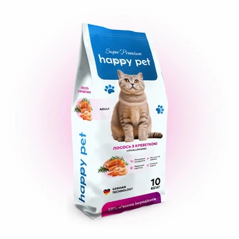 Гіпоалергенний сухий корм для дорослих котів Happy Pet з лососем та креветкою 10 кг