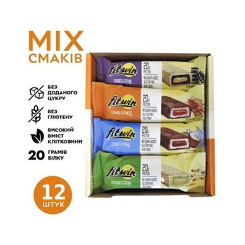 Блок Батончиків FitWin Protein Bar 33%, 12 шт x60 грам MIX смаків (без цукру) (53654336)