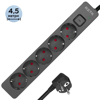 Мережевий фільтр-подовжувач RZTK MaxLine 545 16A 4.5 м 5 розеток Black