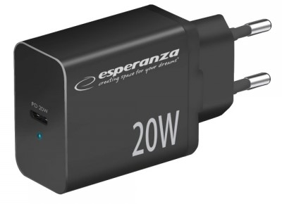 Мережевий зарядний пристрій Esperanza 20W USB-C PD Black (5901299960547)