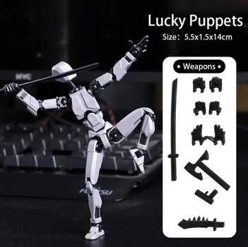 Фігурка-конструктор Робот Lucky 13 Dummy Lucky Puppets багатошарнірний рухомий робот із змінною формою та з аксесуарами (меч, сокира, зброя), 14см (колір - сірий)