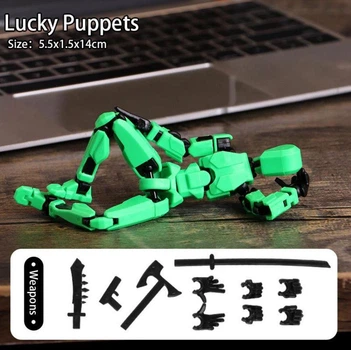 Фігурка-конструктор Робот Lucky 13 Dummy Lucky Puppets багатошарнірний рухомий робот із змінною формою та з аксесуарами (меч, сокира, зброя), 14см (колір - зелений)
