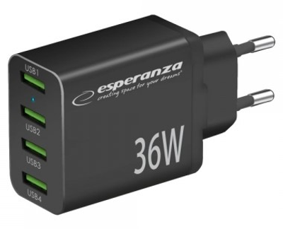 Мережевий зарядний пристрій Esperanza 36W 4x USB-A QC 3.0 18W Black (5901299960592)
