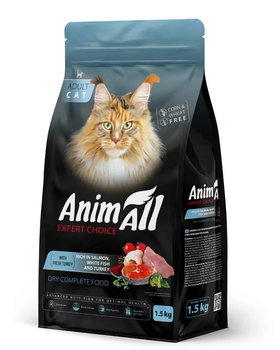 AnimAll Повнораціонний сухий корм для котів з лососем, білою рибою та свіжою індичкою, 1.5 кг