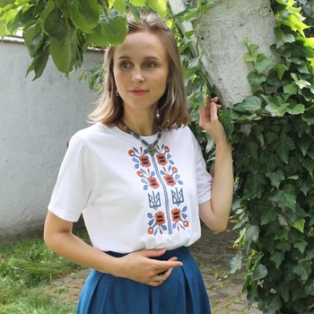 Вишита&nbsp;футболка&nbsp;з етно орнаментом Чорнобривці 42 білий DJ1-ChornobryvHol-KR-42 Ladan