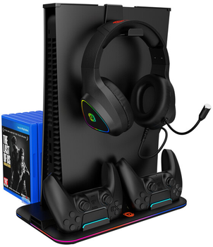 Stojak do PS5 Canyon CS-5 RGB z chłodzeniem i ładowaniem do gamepadów Black (CND-CSPS5B)