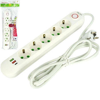 Мережевий подовжувач переноска електрична 3 метри 5 розеток + 2 USB + 1 Type-C із заземленням та вимикачем