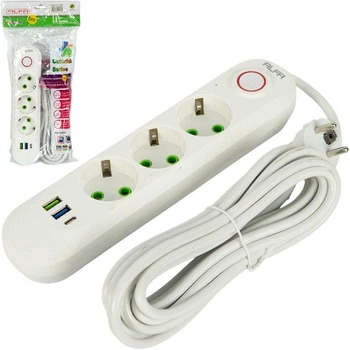 Мережевий подовжувач переноска електрична 5 метрів 3 розетки + 2 USB + 1 TypeC із заземленням та вимикачем