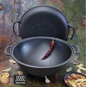 Чугунный казан WOK 12л Maysternya с крышкой-сковородой и плоским дном для плова