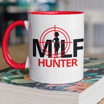 Кружка керамическая с дизайном "Milf Hunter" 330 мл для напитков белая с красной ручкой на подарок