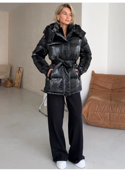Пуховик теплий подовжений під пояс лаковий Modern Boutique чорний, L ПУХ116/8