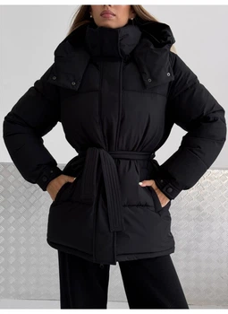 Пуховик теплий подовжений під пояс матовий Modern Boutique чорний, M ПУХ116