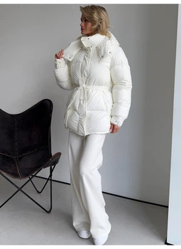 Пуховик теплий подовжений під пояс силіконовий Modern Boutique молочний, S ПУХ116/6