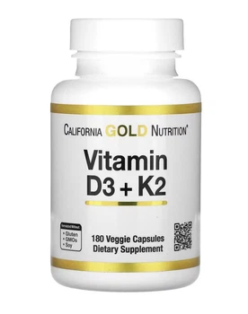 Витамины D3 и К2 125 мкг/120 мкг California Gold Nutrition 180 растительных капсул