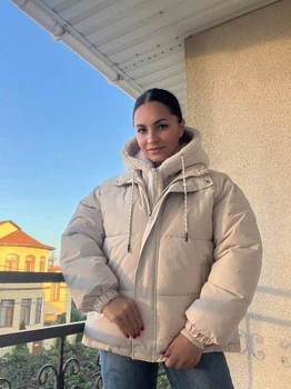 Куртка женская Lady Yep 8096 оверсайз с капюшоном и мехом тедди 44 бежевая