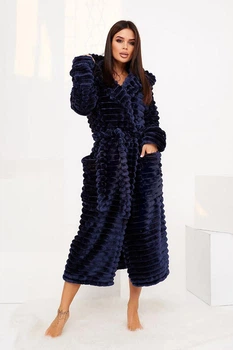 Женский махровый халат миди с капюшоном 831522 L-XL (50-54) Темно-синий